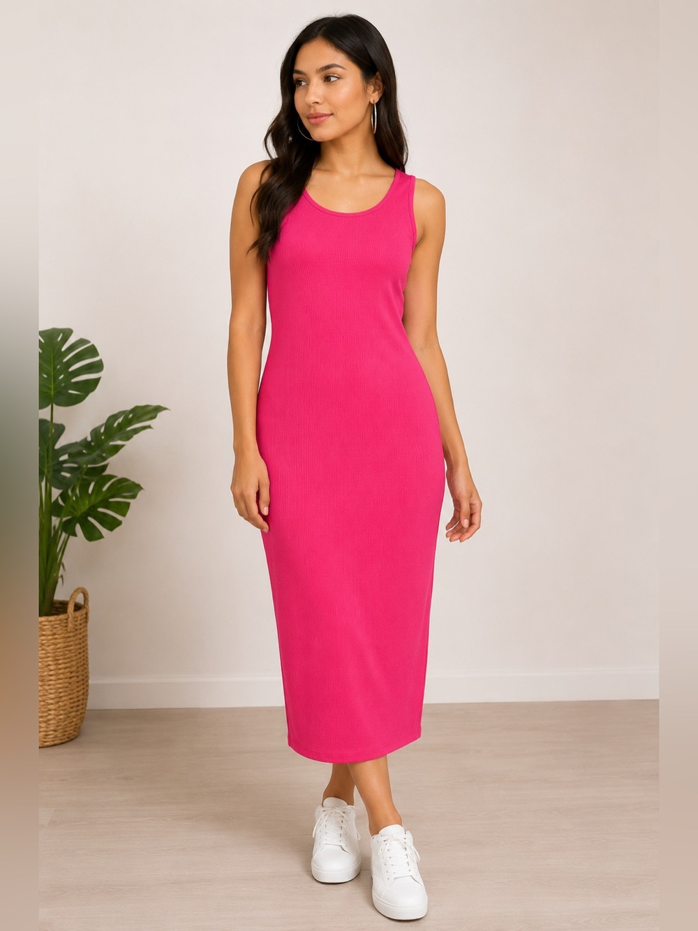 Ever Forever Pink Ribbed Sleeveless Midi Bodycon Dress Size M